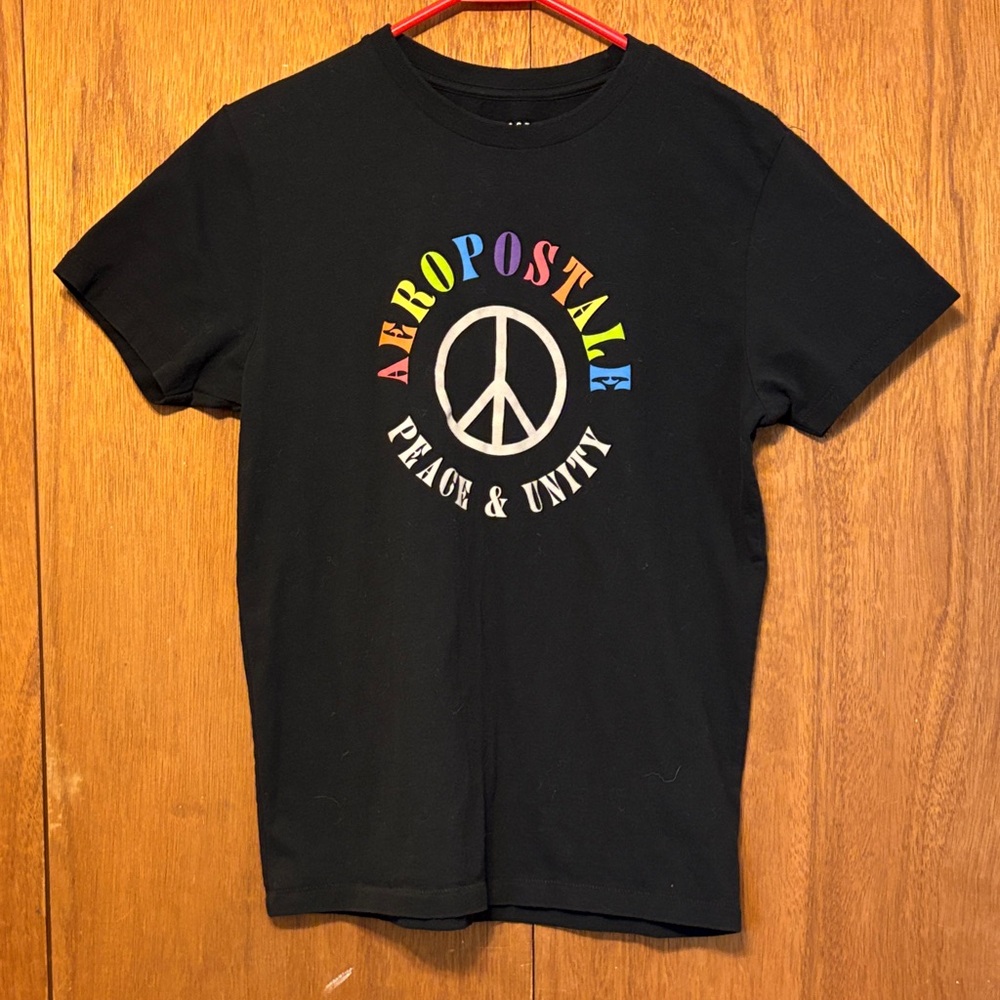 Aeropostale Black Short-Sleeve Tee with Rainbow Lettering & Peace Sign